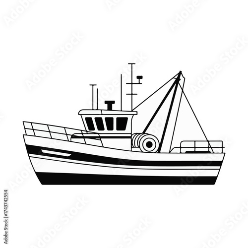 Fishing boat illustration with a detailed side profile showcasing its structure and equipment, ideal for marine and industrial design projects