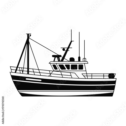 Black and white vector drawing of a fishing boat, showing its rigging and cabin, symbolizing the maritime industry and ocean livelihoods