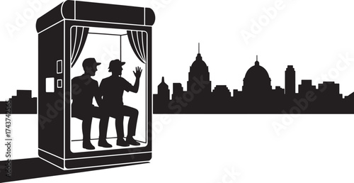 Photo Booth Silhouette with Urban Skyline Background Vector Graphic
