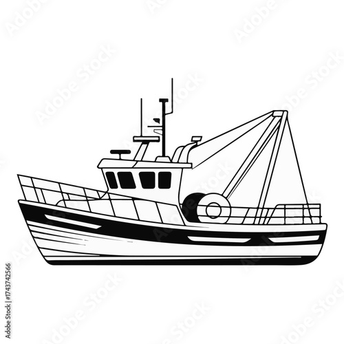 A detailed black and white illustration of a fishing trawler boat at sea, showcasing its design and features, perfect for marine or nautical projects