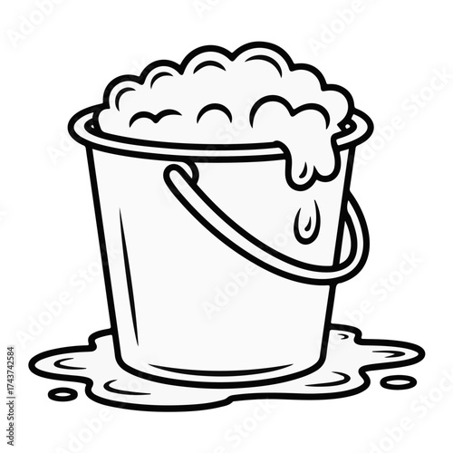 Cartoon depiction of a bucket filled with soapy water and bubbles, illustrating the concept of washing, cleanliness, and domestic duties