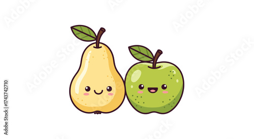 Cute cartoon yellow pear and green apple with smiling faces and green leaves.