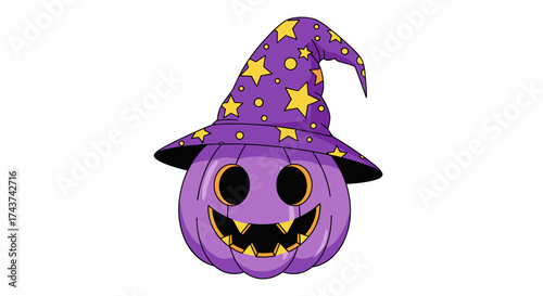 A spooky purple pumpkin wearing a witch hat with yellow stars is ready for Halloween celebrations.