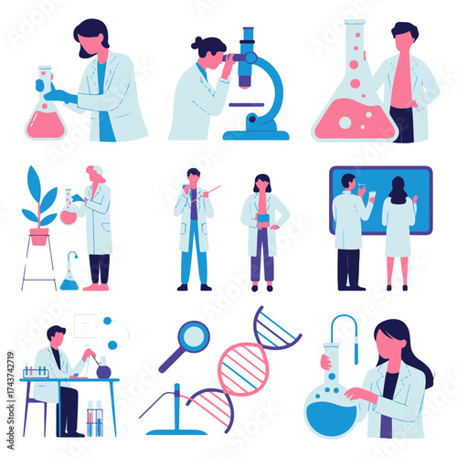 Science and Research Laboratory Professionals Flat Vector Illustrations of Scientists and Lab Equipment