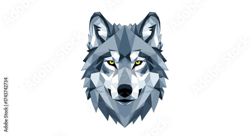 A polygonal wolf head with sharp angles and piercing yellow eyes stands out.