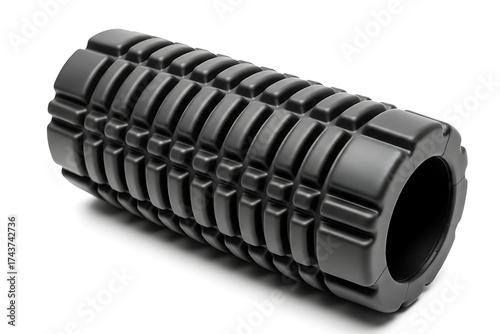 Black textured foam roller for exercise and muscle recovery. Isolated on transparent background, png