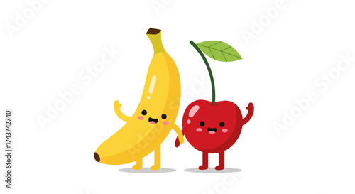 Whimsical cartoon banana and cherry friends holding hands happily.