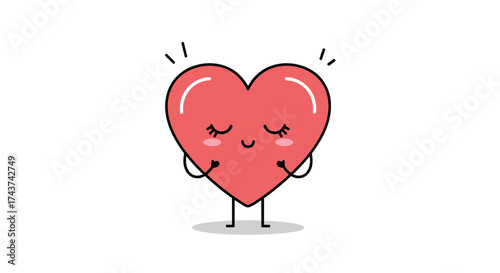 A happy red heart with blushing cheeks and closed eyes stands with its hands near its cheeks and has lines emanating from its head.