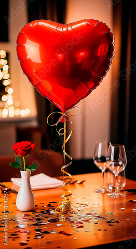 Romantic red heart-shaped balloon floating above a dinner table set for love, celebration, and emotional connection