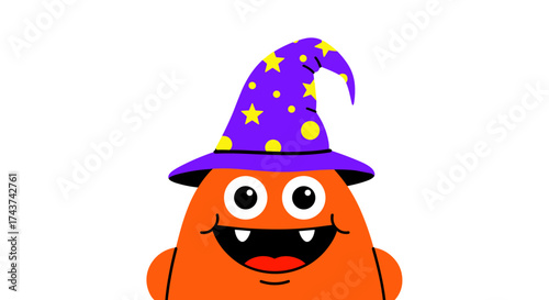 A happy orange monster wearing a purple wizard hat with stars and polka dots smiles widely showing sharp teeth on a white background.