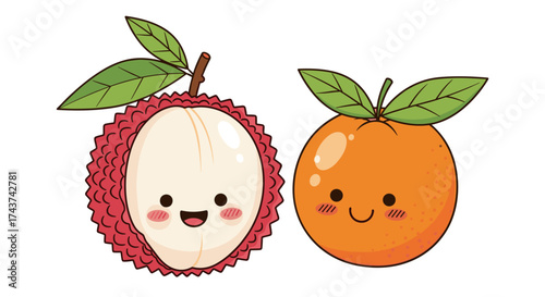 Two adorable cute fruits with happy faces and green leaves sitting side by side.
