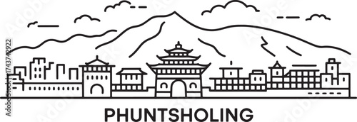 Phuntsholing Bhutan Cityscape Outline Vector Illustration Landmark Silhouette