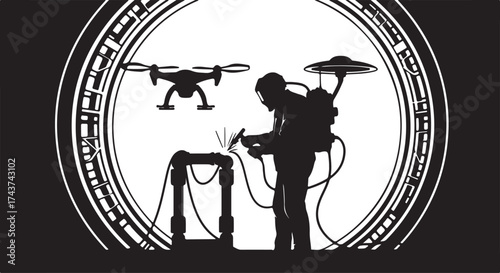Silhouette of a drone operator controlling a flying drone with a remote control in a futuristic oval frame