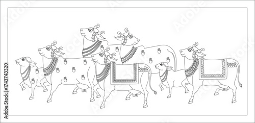 Holy cow in Kalamkari Indian traditional folk art on linen fabrics. It can be used for a coloring book, textile/ fabric prints, phone case, or greeting card. logo, calendar	
