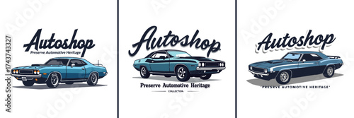 Autoshop preserve automotive heritage emblem with classic blue muscle car illustration and elegant vintage typography for t shirt design