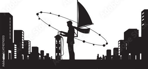 Silhouette of a lone figure standing in a futuristic city holding a satellite dish like an umbrella with a sail on top