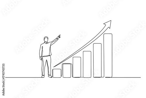 Continuous single line drawing of a rising bar chart with arrow isolated on white background
