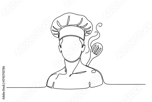 Continuous single line chef hat bust isolated on white background