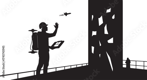 Silhouette of a drone operator in a hard hat with a backpack controlling a flying drone near a tall structure with a railing