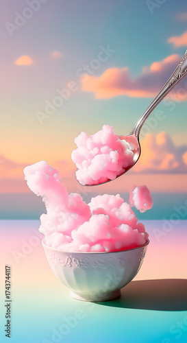 Dreamy cotton candy clouds in pastel colors floating over the ocean horizon evoking nostalgia, sweetness, and imagination