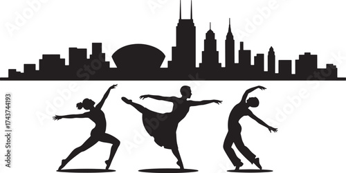 Silhouette Dancers In Front Of City Skyline Elegant Artistic Choreography