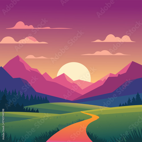 Colorful flat design landscape illustration of a serene mountain sunset, featuring majestic purple peaks, lush green valleys, and a winding path under a vibrant gradient sky
