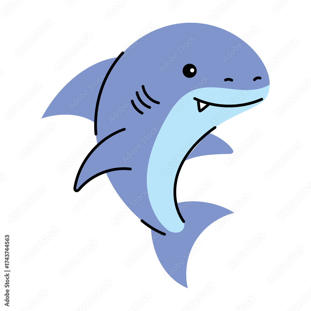 Fototapeta premium Cartoon Shark Vector Illustration on Transparent Background Cute Marine Life Creature with Blue and White Colors Funny Animal Character Design for Children