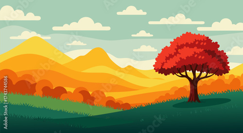 Breathtaking Stylized Autumnal Landscape Illustration with a Majestic Solitary Red Tree on Rolling Golden Hills and a Serene Cloudy Sky