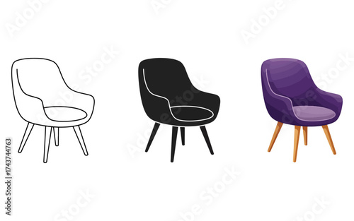 Three styles of armchair design progression on white