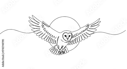 Single line drawing of an owl in flight with moon shape, minimalist clean silhouette design