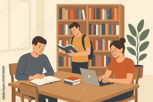 Students studying in library with books and laptop in flat style