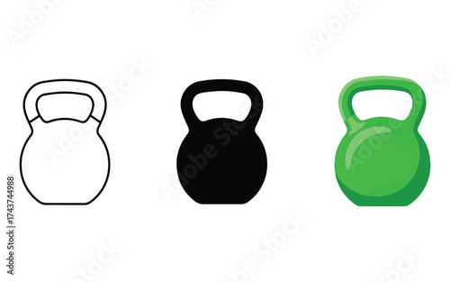 Three kettlebell designs outline filled color fitness equipment