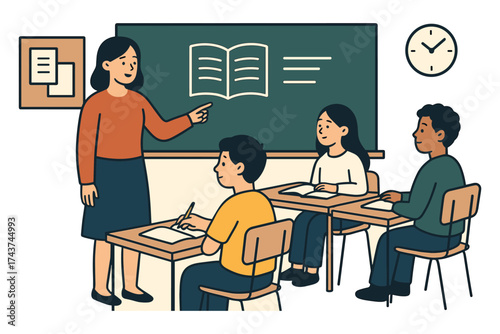 Flat design classroom scene with teacher and students learning together