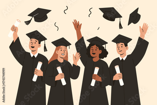 Graduation celebration with students throwing caps in the air