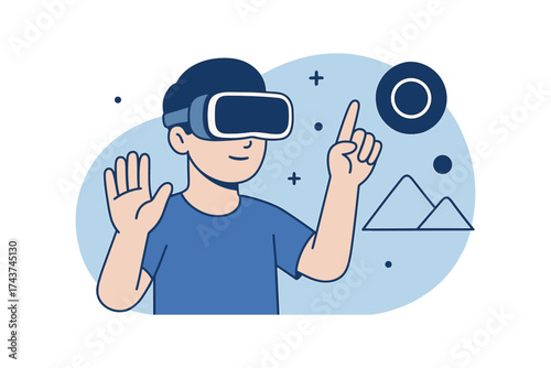 Boy interacting in virtual reality headset with interactive interface