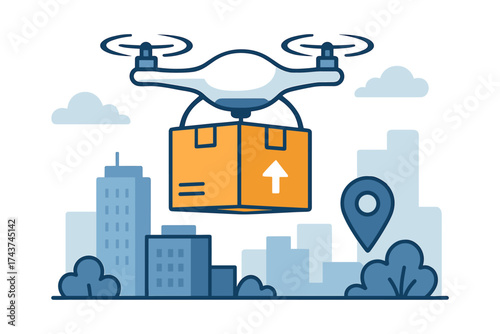 Futuristic drone delivery in urban cityscape with package and location marker