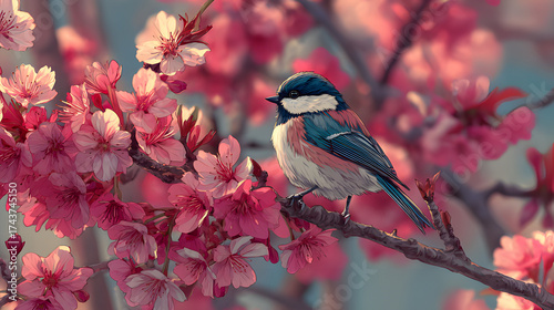 The little bird on the pink branch