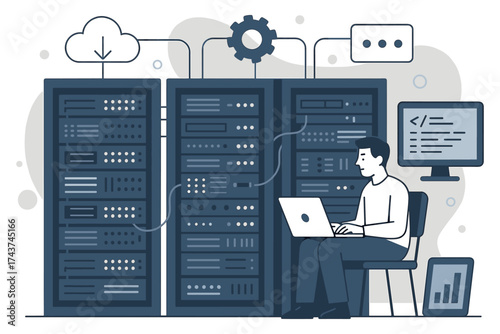 Isometric data center management with technician in server room