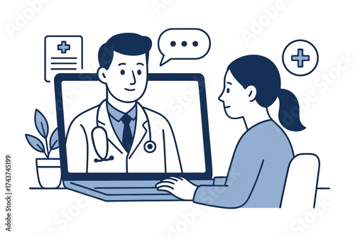 Online medical consultation with doctor on laptop in minimalist style