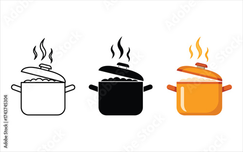 Hot cooking pots three styles steam food kitchen culinary icons