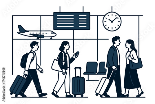 Travelers at airport terminal with luggage and flight details