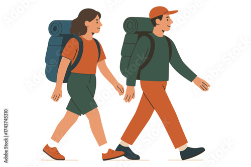 Happy couple hiking with backpacks in flat style
