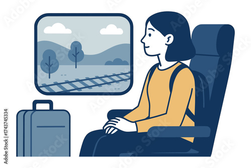 Woman traveling on train with scenic window view in linear style