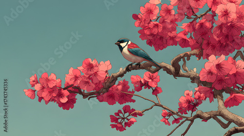 The little bird on the pink branch