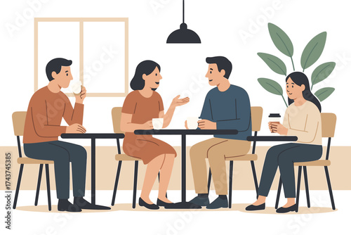 Casual cafe conversation: people enjoying coffee and chatting in a relaxed atmosphere
