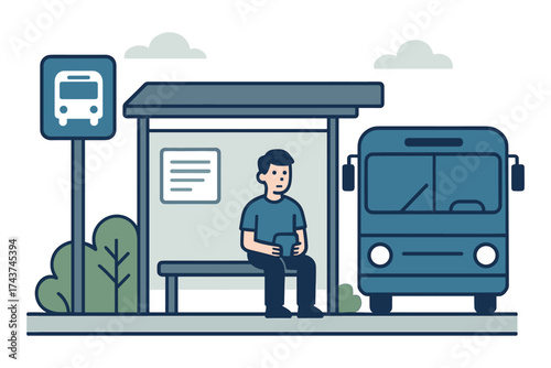 Waiting at the bus stop in a flat cartoon scene