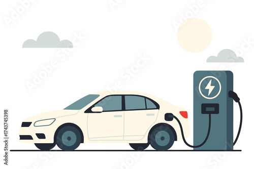 Electric car charging at station with eco-friendly energy symbols in minimalist style