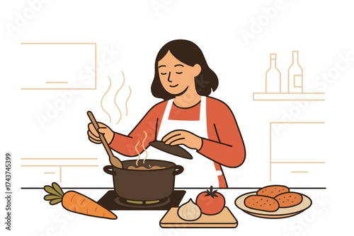 Woman cooking in minimalist kitchen: modern flat design with fresh ingredients
