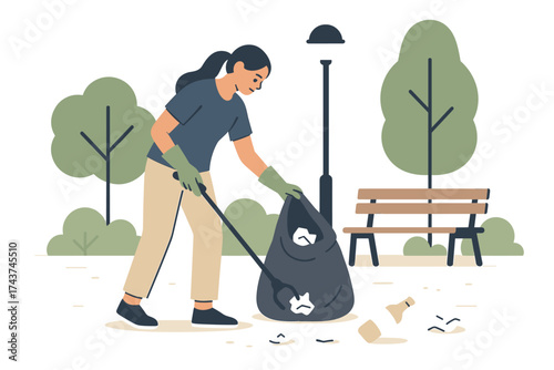 Community volunteer cleaning park with trash bags and litter picker in minimalist style