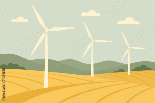Flat landscape with wind turbines in golden field and green hills